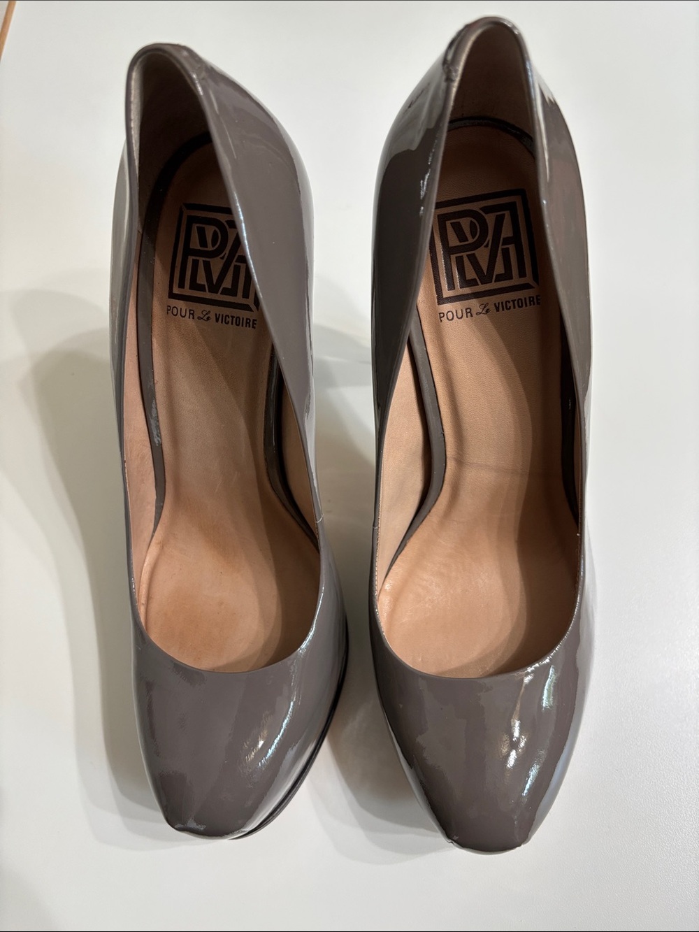 Pour La Victoire Grey Patent Leather Pumps
Style Name: Irina